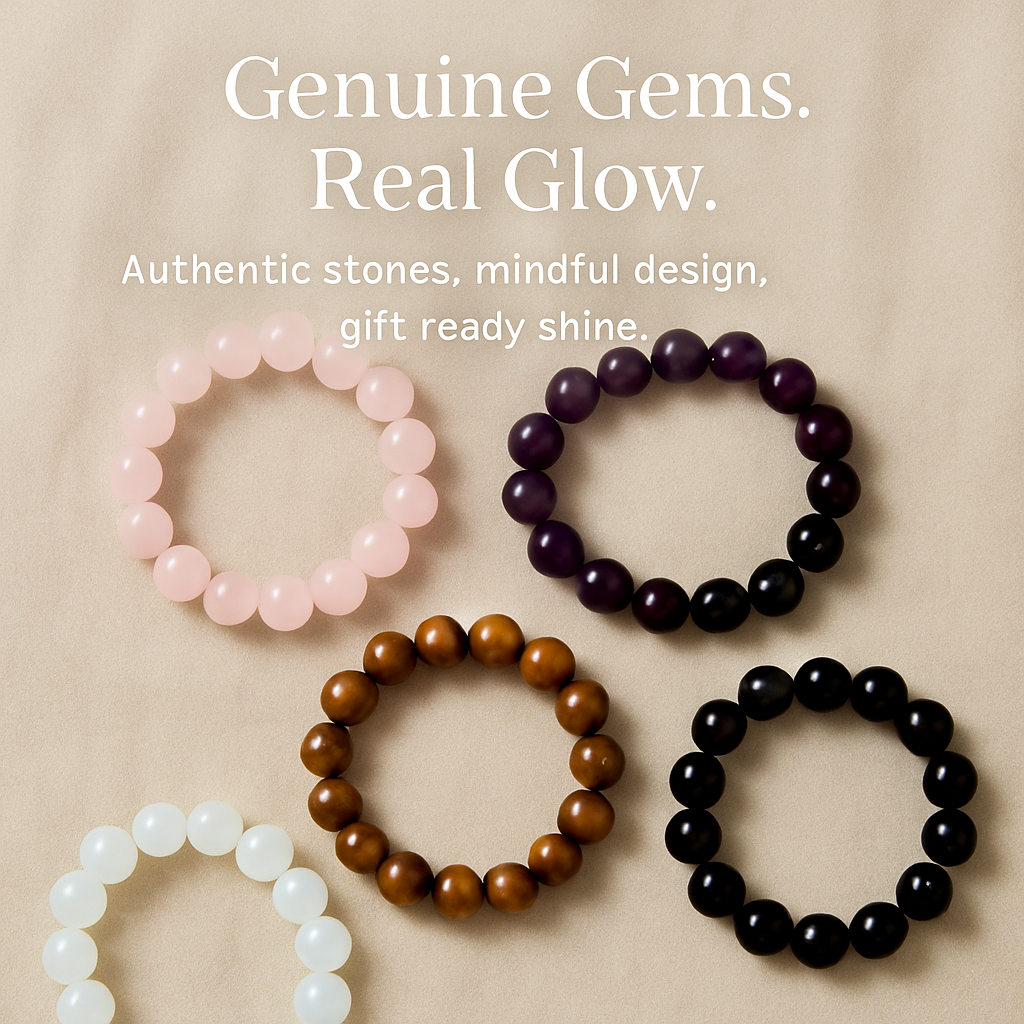 Flat lay of genuine gemstone bracelets—rose quartz, amethyst, tiger eye, black onyx, and moonstone—on linen background with overlay text “Genuine Gems. Real Glow.” and subtext “Authentic stones, mindful design, gift-ready shine.”